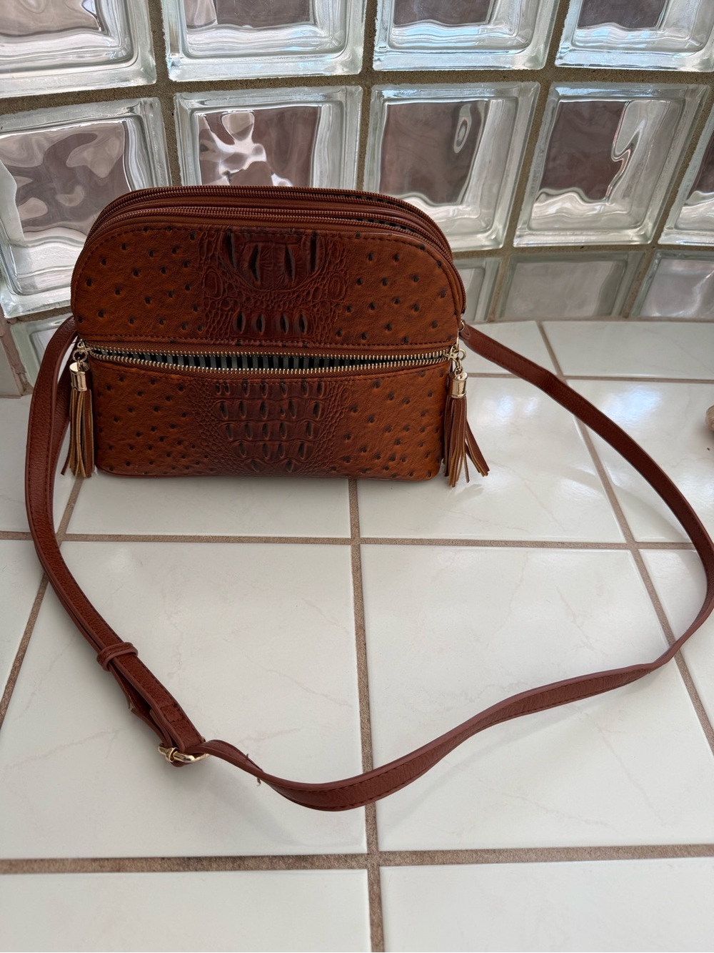 Women's Brown Crossbody Bag with Crock Print & Tassel Zip Pocket